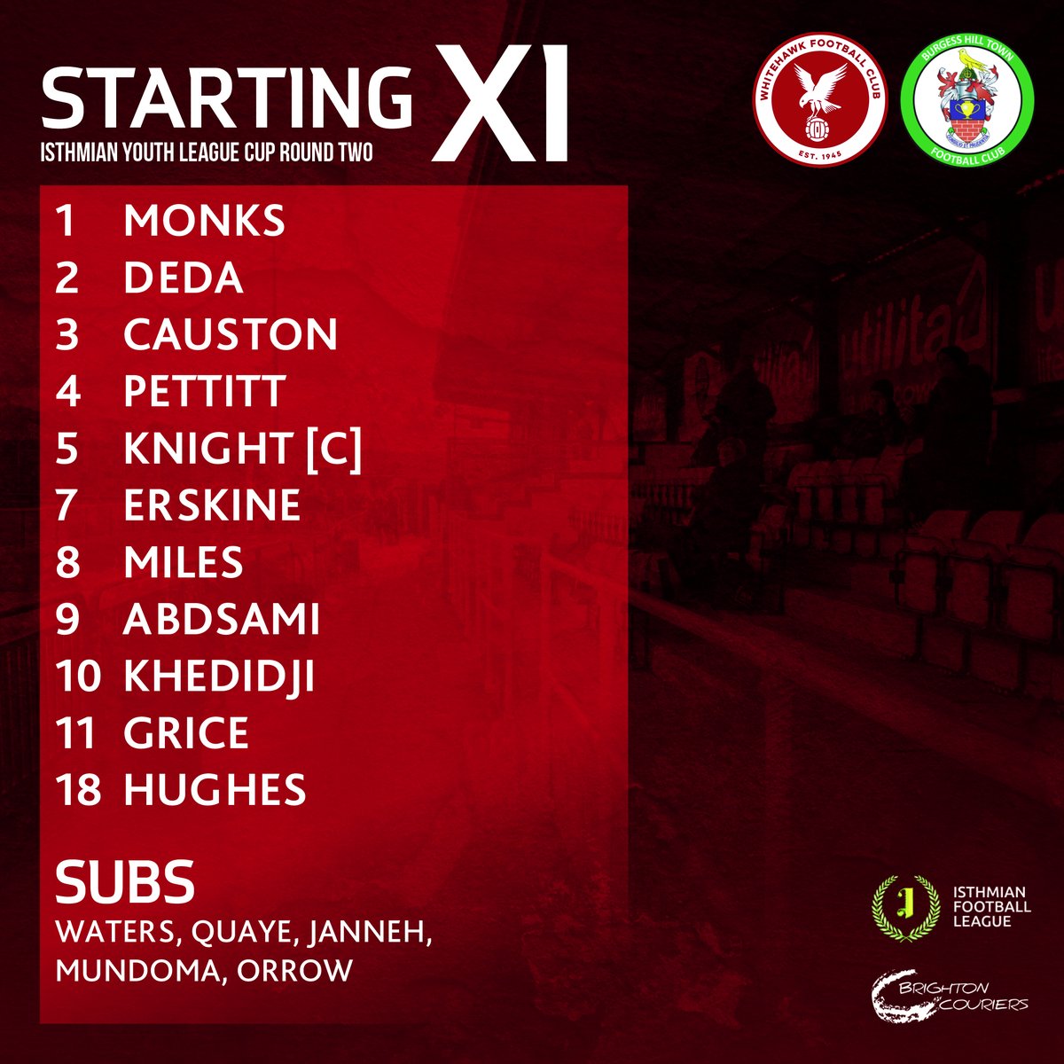 👕⚽️ Here's how #Hawks Under 18s line up to take on Burgess Hill at The McLaren Enclosed Ground tonight 👇

#COYH <a href="/HawksFCYouth/">Whitehawk FC Youth</a>