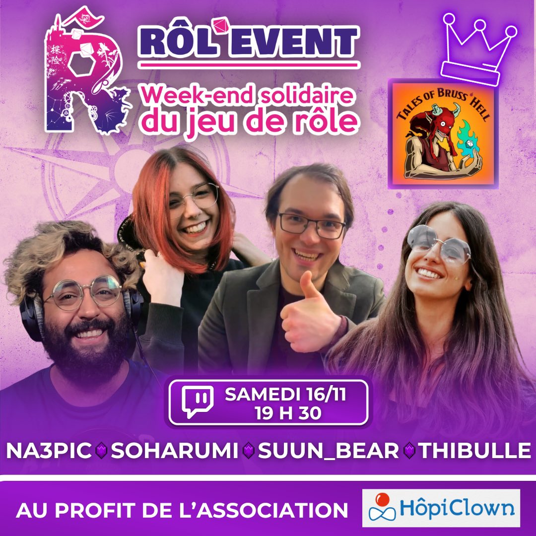 ThibulleDarchi's tweet photo. Et oui, on revient bien pour un @event_rol 2024 co-organisé avec Tales of Bruss’Hell au profit de Hopiclown! 😍
Je jouerai avec @soharumi_, @na3pic et @Suun_bear pour une aventure épique sur ma chaîne 👌
Faisons PETER le record ❤️
#rolevent #jdr #caritatif #event #twitchfr https://t.co/KabeAWgHNC