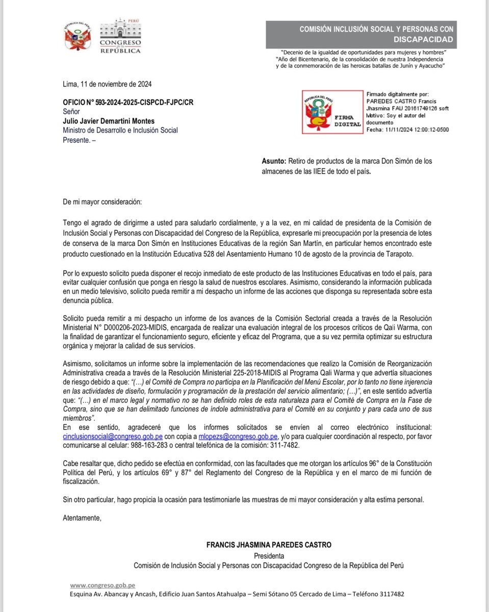 ComIncluSocial's tweet photo. El último fin de semana, durante mi visita a la IE 528 de AA.HH. 10 de agosto en Tarapoto, pudimos comprobar que no todos los productos “Don Simón” han sido retirado por @MidisPeru, hemos enviado un oficio exigiendo el retiro inmediato de estos productos. https://t.co/d8h1Uq8uVb