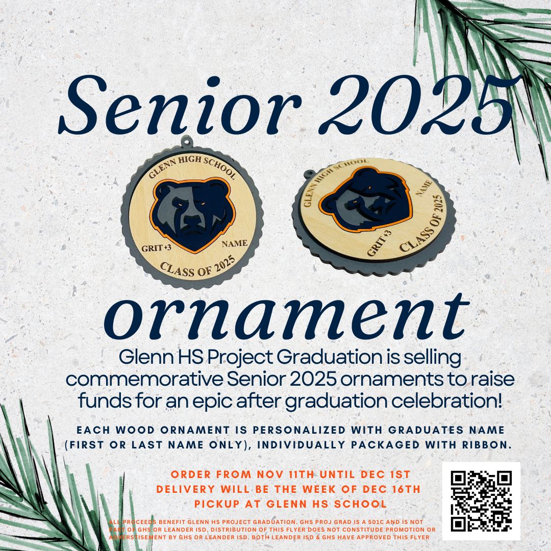 Glenn HS Project Grad. is selling commemorative Senior 2025 ornaments to raise funds for an epic after graduation celebration!  Order Nov 11th through Dec 1st and available for pick up starting Dec 16th.
Cost $15.00

ghsprojectgrad.square.site/?item=155#items