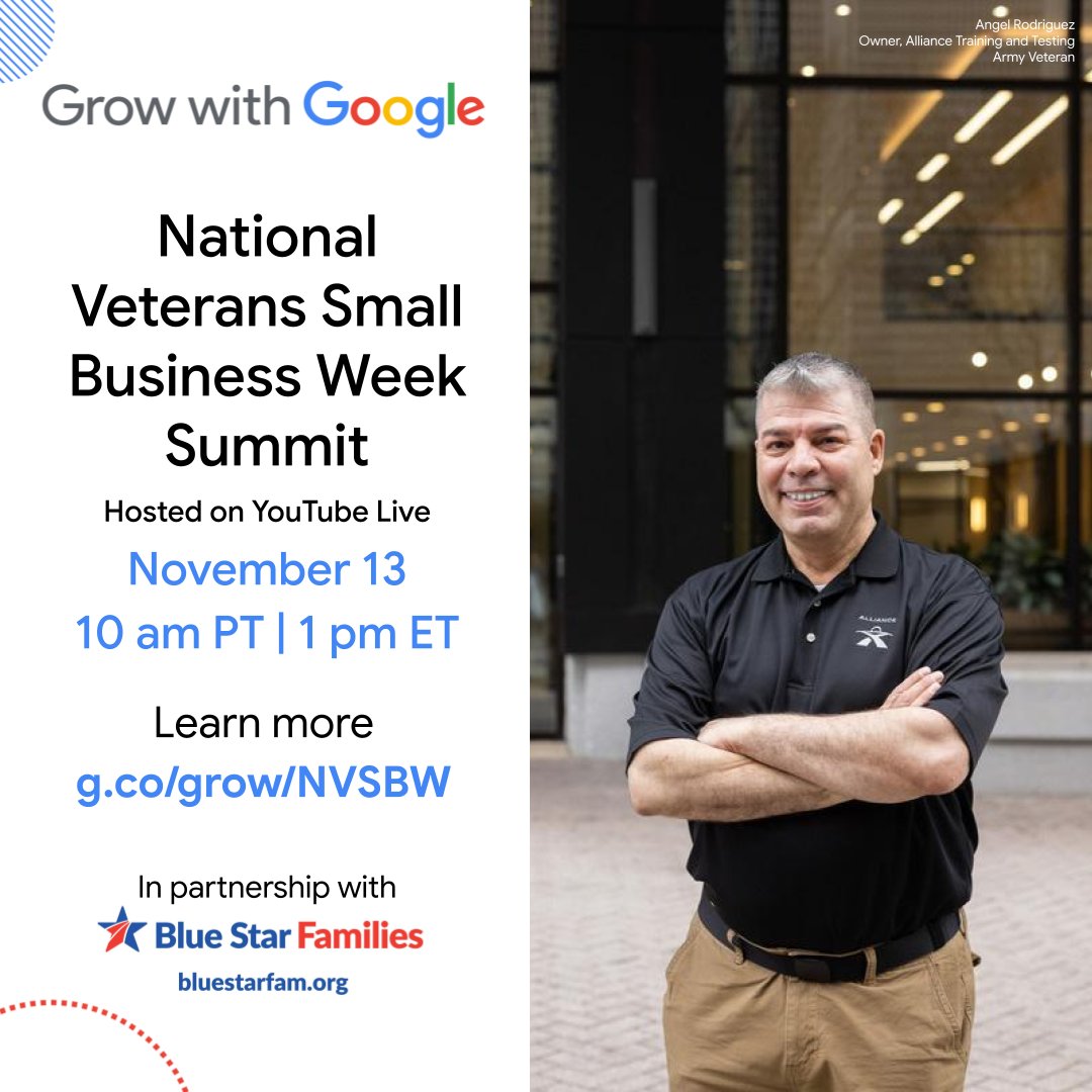 Google (@google) on Twitter photo Vets who own small businesses can join our #NationalVeteransSmallBusinessWeek Virtual Summit on Nov 13, hosted by #GrowWithGoogle and <a href="/BlueStarFamily/">Blue Star Families 🇺🇸</a> to learn how our AI tools can help improve efficiency, customer service and more → g.co/grow/NVSBW Vets who own small businesses can join our #NationalVeteransSmallBusinessWeek Virtual Summit on Nov 13, hosted by #GrowWithGoogle and <a href="/BlueStarFamily/">Blue Star Families 🇺🇸</a> to learn how our AI tools can help improve efficiency, customer service and more → g.co/grow/NVSBW