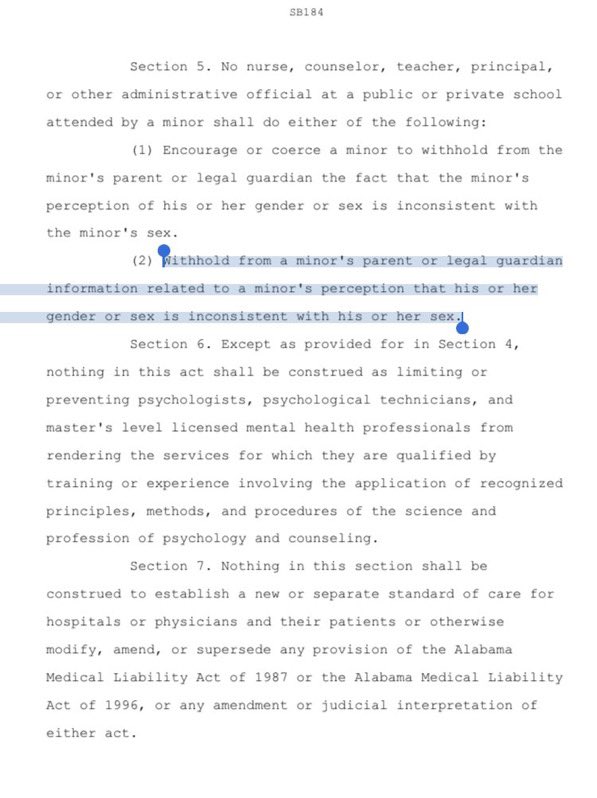 JeffreyASachs's tweet image. In Alabama, teachers are legally required to alert parents if they suspect one of their students might be trans. Tom boys, be sure to loudly advertise your femininity somehow, lest your mom and dad receive an awkward phone call. 

legiscan.com/AL/text/SB184/…