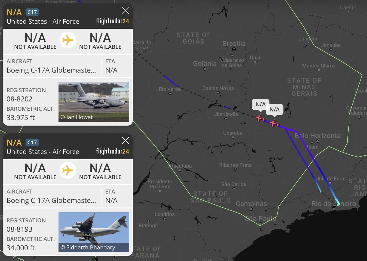 LatAmMilMVMTs's tweet photo. REACH3245 and REACH4580 out of Rio de Janeiro (SBGL/GIG) 🇧🇷 headed to Balboa (MPPA/BLB) 🇵🇦.

RCH3245 | 08-8202 | C-17A | #AE2FAE | USAF
RCH4580 | 08-8193 | C-17A | #AE2FA5 | USAF https://t.co/ApZRWau5s5