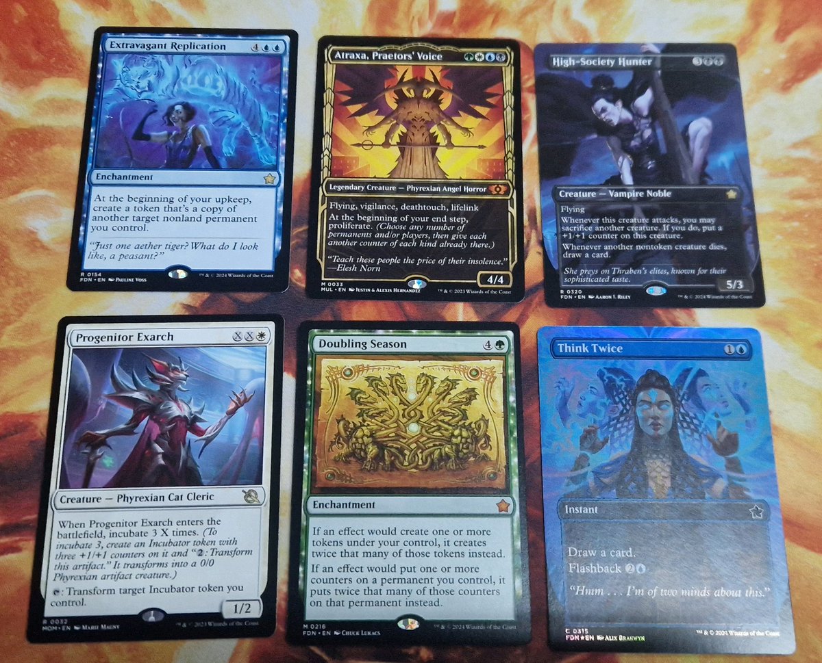 Ancient_Tome's tweet photo. Decided to crack 2 packs of foundations and 1 of March of the Machines as my lgs had a deal on and managed to pull a Doubling Season and Atraxa! Also a beautiful full art think twice! Going to have fun with these! https://t.co/RqViegfgFx