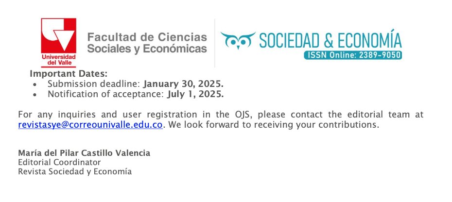 #CfP para un número especial sobre "El trabajo de cuidados remunerado y no remunerado en sus diversas expresiones" de la Revista Sociedad y Economía de <a href="/UVsocioeconomia/">Socioeconomía UV</a>: 
sociedadyeconomia.univalle.edu.co
