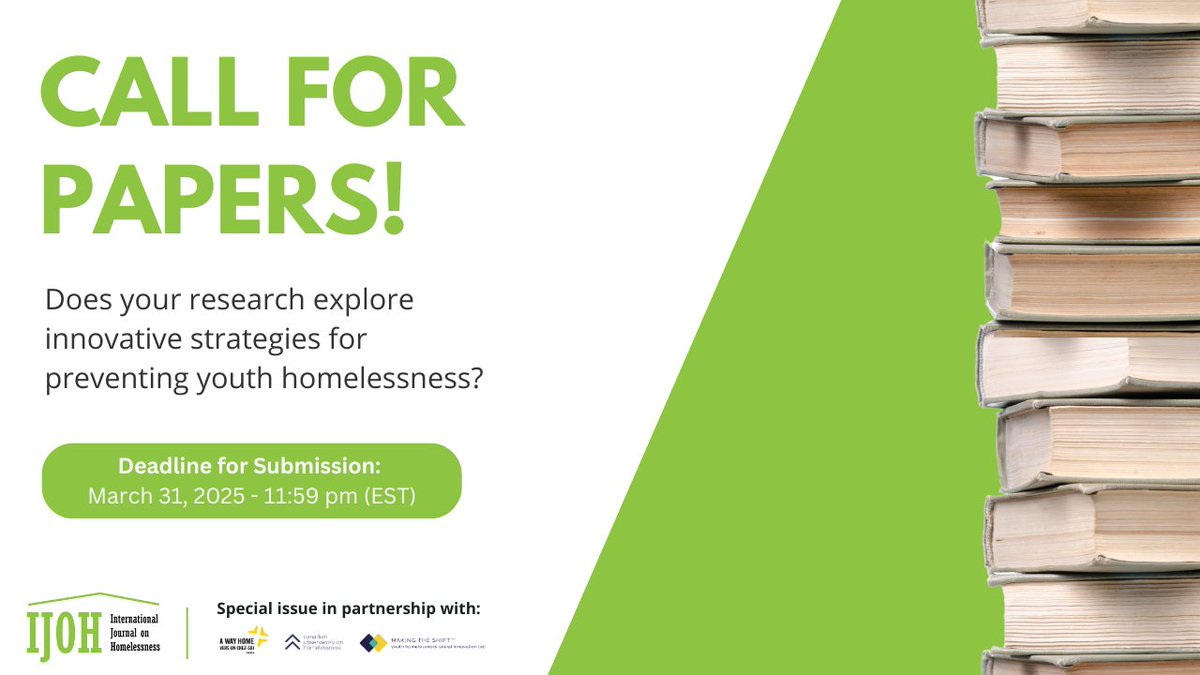 Call for Papers: Researchers, practitioners, and advocates are invited to contribute to a special issue of the <a href="/IJOHjournal/">International Journal on Homelessness (IJOH)</a> focused on preventing #YouthHomelessness. Share your insights and help drive change!

Submit by March 31, 2025:  preventhomelessness.ca/ijoh-call-for-…