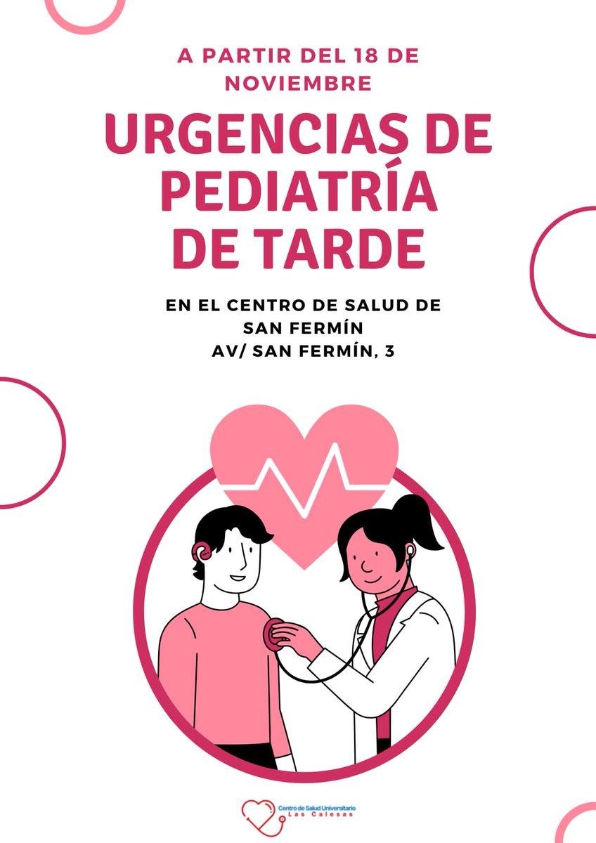 ℹ️ Las urgencias pediátricas de tarde de todo #Usera se van a centralizar en San Fermín a partir del día 18. 
Ya no se van a ver urgencias de pediatría en las tardes en <a href="/CSLasCalesas/">CSU Las Calesas</a>.
Todas las pediatras del distrito cubrirán las urgencias centralizadas en San Fermín de 15h a 21h