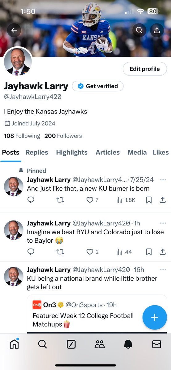 JayhawkLarry420's tweet photo. Between onlyfans bots and fellow burners we have reached 200 Followers #BuildingSomethingGreat https://t.co/qusP6MF5aM