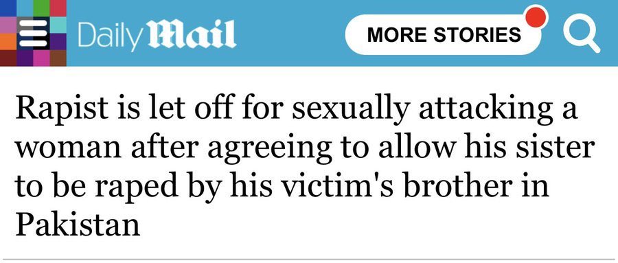 realMaalouf's tweet image. PAKISTAN: a woman was raped, and instead of arresting the rapist, the Sharia council demanded that the rapist’s sister should be raped by the victim’s brother.

The innocent teenage girl was publicly raped in front of 40 people in what is called  ‘revenge rape’ in Sharia law!