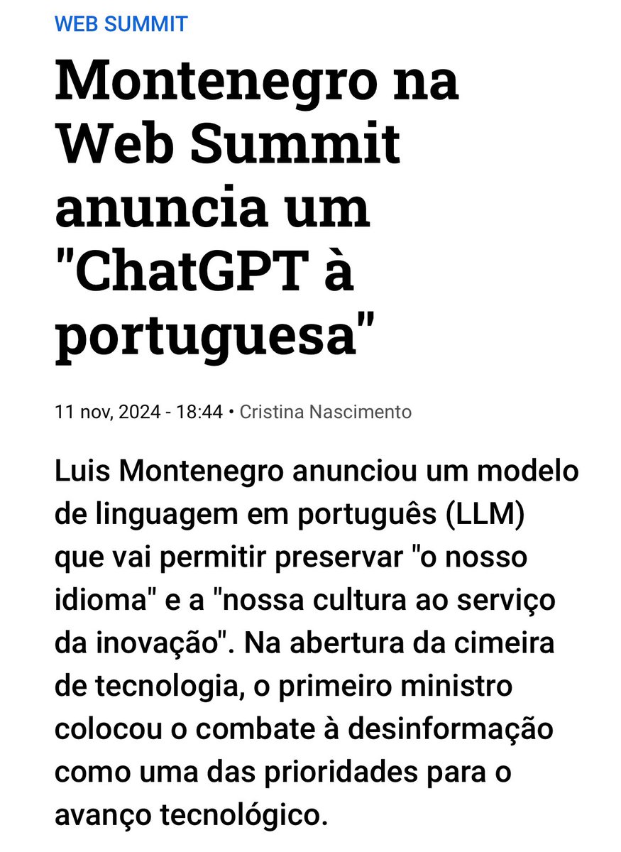 NGaroupa's tweet photo. Finalmente um desígnio nacional (obviamente o PM simplesmente não tem a mais pequena noção do que são LLMs) https://t.co/yl1vJTneqb