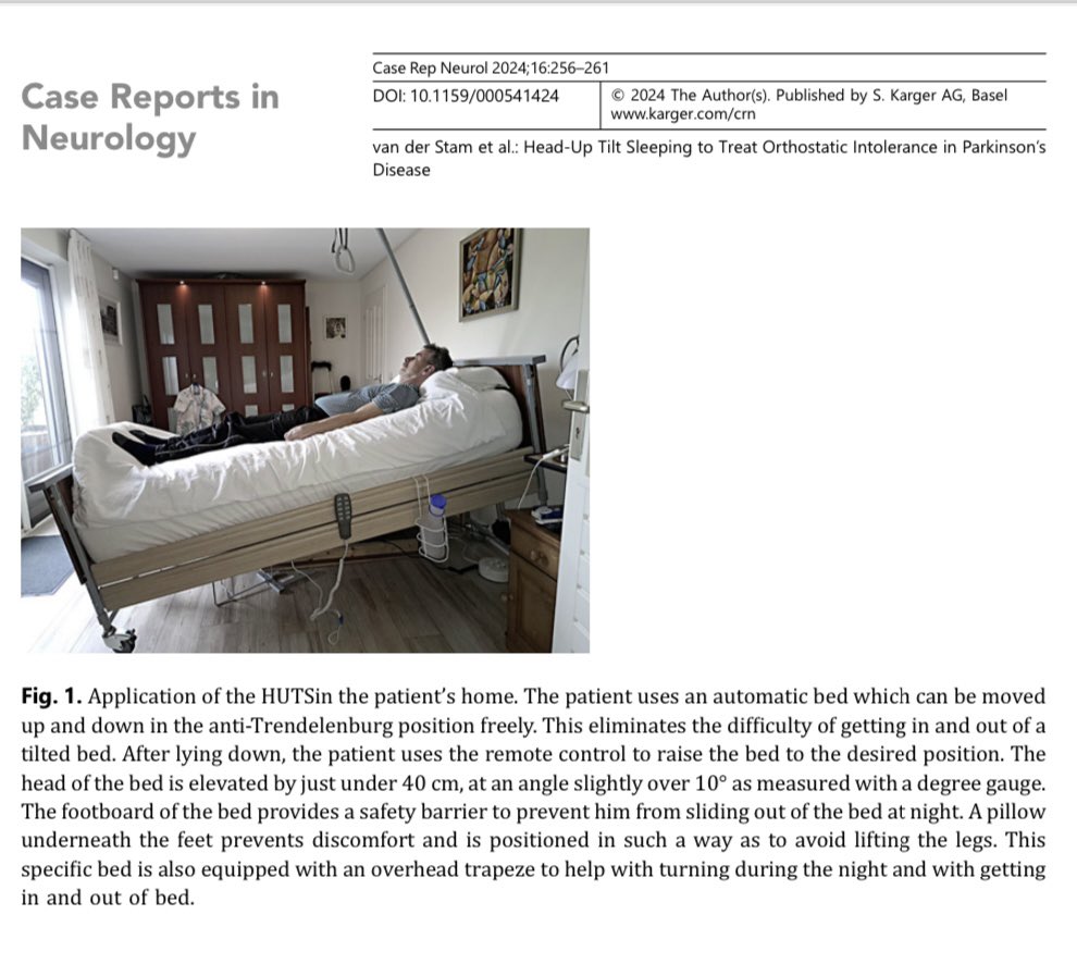 Inspiring case report by Amber vd Stam about benefits simple intervention (sleeping in heads-up tilted position) for common &amp; difficult to treat complication of Parkinson: orthostatic hypotension with compensatory recumbent hypertension. Clinical trial in larger group just ready!