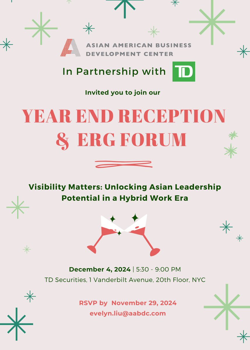 We’re thrilled to invite you to our Year End Reception &amp; ERG forum in partnership with TD Securities! We will explore the unique struggles around visibility and leadership potential that Asians encounter

🌟 Secure your spot by RSVP through this link: lnkd.in/eFbuUutg