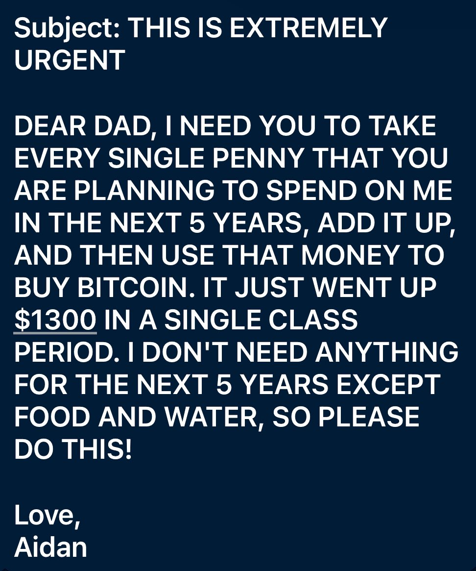 BrianNorgard's tweet photo. My friend’s 8th grade son just sent him a message about stacking Bitcoin ASAP. https://t.co/SW0u2bUIMo