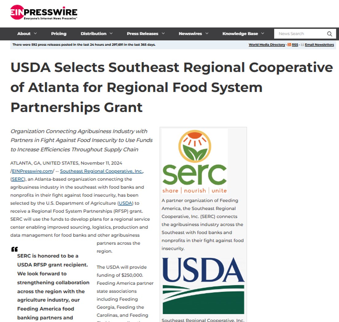 USDA has selected SERC for a Regional Food System Partnerships grant. <a href="/seregcoop/">Seregcoop</a> to develop plans for a regional service center enabling improved sourcing, logistics, production and data management for food banks and other agribusiness partners in SE. bit.ly/SERCUSDAgrant