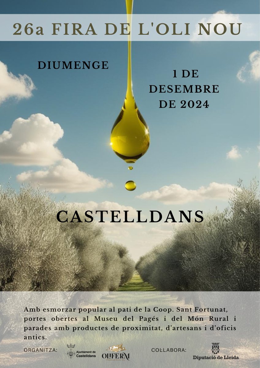 🌿✨ Arriba la 26a Fira de l’Oli Nou a Castelldans! ✨🌿
El diumenge 1 de desembre celebrem la Fira de l’Oli Nou, un esdeveniment que us farà gaudir dels sabors i les tradicions del nostre oli d'oliva verge extra. 🫒💚

#FiraDeLOliNou #Castelldans