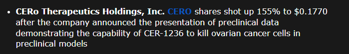 finalmetaverse's tweet photo. $cero charts firming. Might really go AH. Folks read the news but this excerpt is the bigger news imo
Interim CEO Chris Ehrlich commented, “We have long contended that CER-1236 has application in multiple cancer types
$mrna $pfe #mrck $fox $amd $amc $gme $tsla $nvda $nvax $drug https://t.co/bnA2Q3fLsr