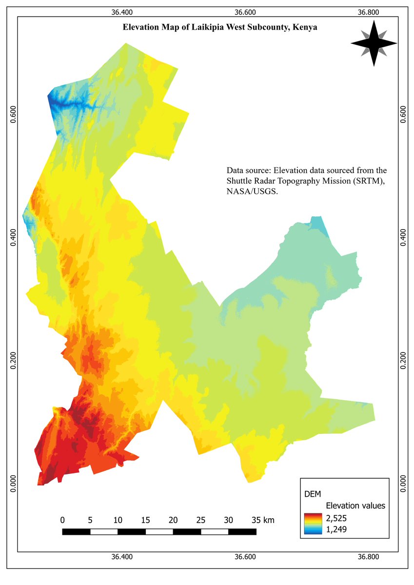 C4708911Charles's tweet image. Day 6 of #30DayMapChallenge: Created an elevation map of Laikipia West Subcounty using SRTM data! 🏞️ Visualized the region’s topography from valleys to peaks. #GIS #DEM #Mapping