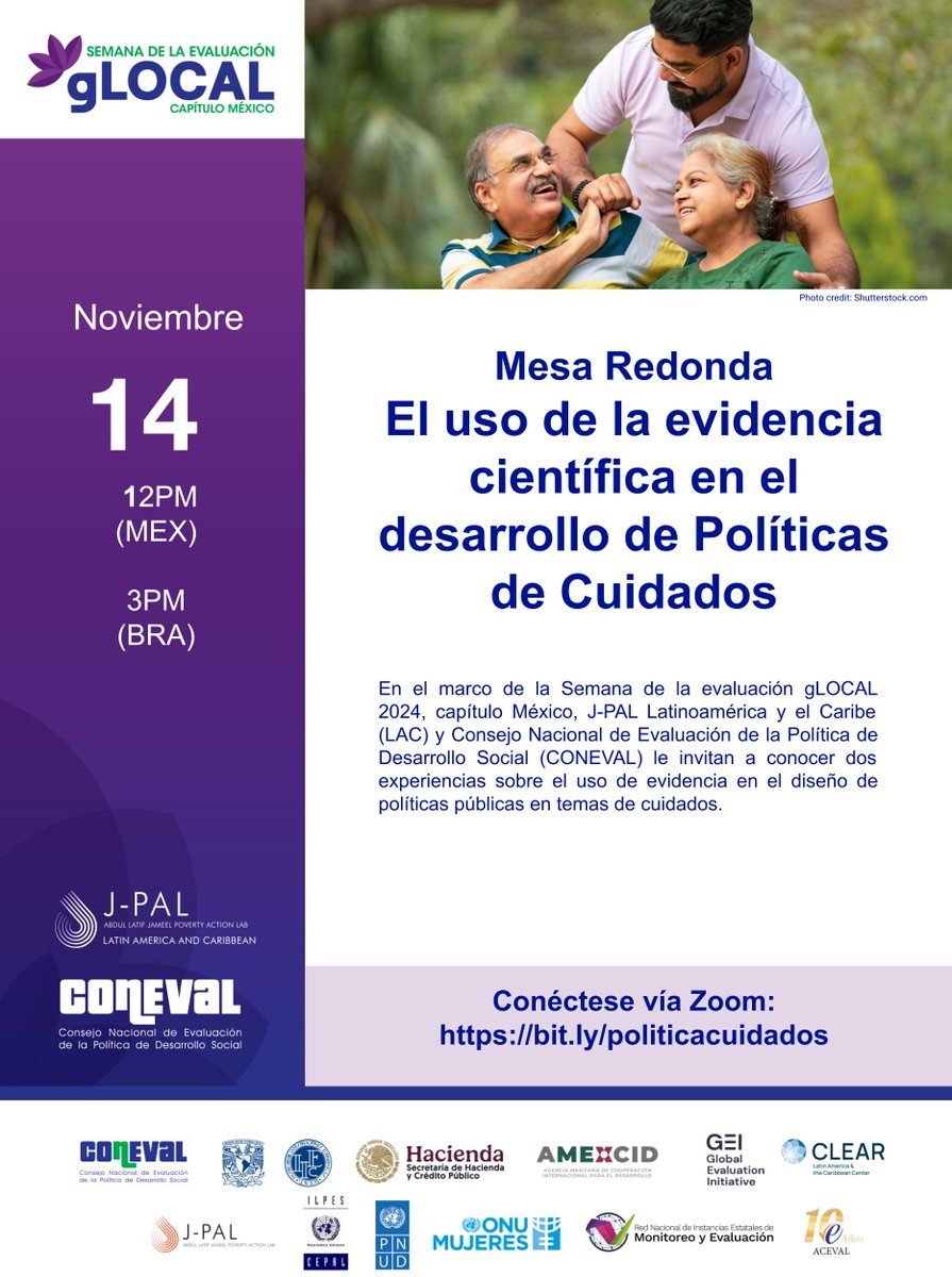 El 14 de noviembre, conozca 2 experiencias en el uso de evidencia rigurosa para el diseño de políticas públicas de cuidados en #México y #Brasil. Participan <a href="/Coneval/">CONEVAL</a> y la Secretaría Nacional de Cuidados de 🇧🇷 junto a J-PAL LAC
👉bit.ly/40GNhrY
