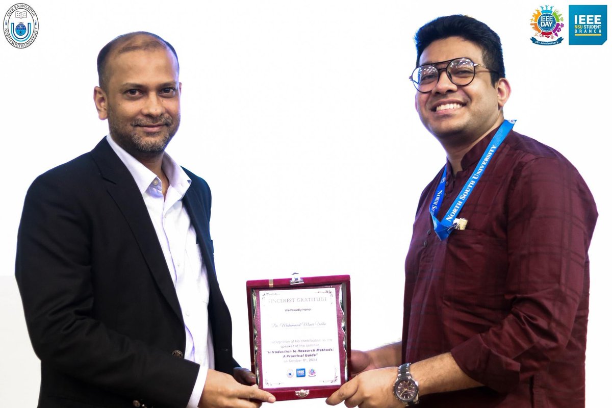 ieeensusb's tweet photo. IEEE NSU Student Branch successfully hosted the engaging "Introduction to Research Methods: A Practical Guide" seminar on October 8, 2024, to celebrate IEEE Day 2024. The seminar took place at AUDI 801 at North South University and was open to all students from NSU. https://t.co/vKbXgxLt2R