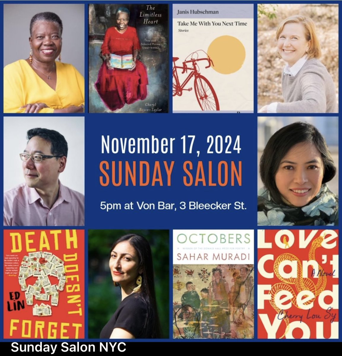 I'm thrilled to be reading with these talented writers at the Nov 17 Sunday Salon NYC event.
5-7 p.m. Von Bar, 3 Bleeker Street.

Hope you'll come out. I'd love to see you there! 
For more info, see the link in my bio!
@chesanekc @wil_to_win @nitanoveno
<a href="/thebettybooks/">Betty Books</a> @wtawpress