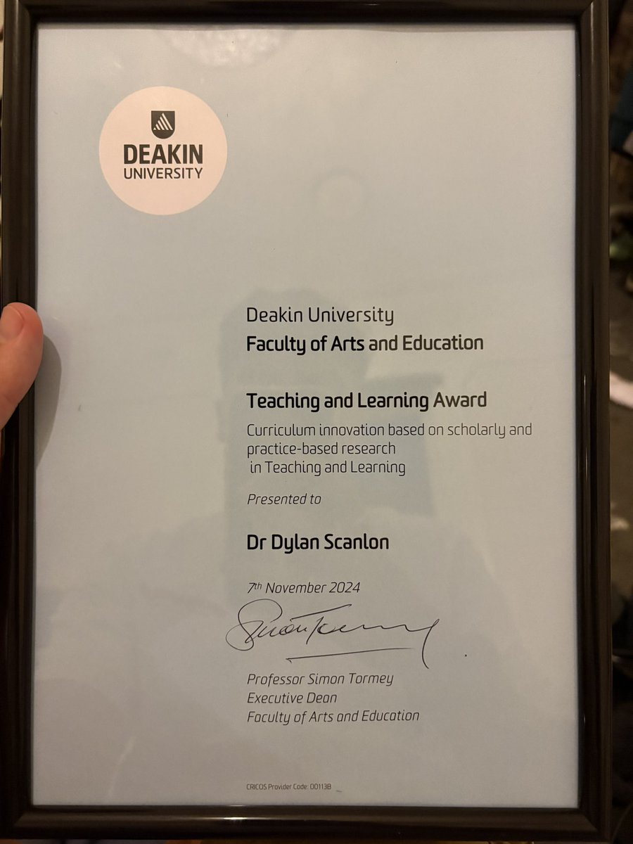 Dylan Scanlon (@dylan_scanlon1) on Twitter photo 🏆 Delighted to receive two awards at @DeakinArtsEd 🥳:
The Early-Career Researcher Award for Career Excellence (so proud and happy to be awarded this one 🙌🏼) and the Curriculum Innovation Award in Teaching and Learning with <a href="/cassamariab/">@cassamariab</a> & <a href="/DrBrandiFox/">Brandi Fox</a> 🌟
@deakinresearch 🏆 Delighted to receive two awards at @DeakinArtsEd 🥳:
The Early-Career Researcher Award for Career Excellence (so proud and happy to be awarded this one 🙌🏼) and the Curriculum Innovation Award in Teaching and Learning with <a href="/cassamariab/">@cassamariab</a> & <a href="/DrBrandiFox/">Brandi Fox</a> 🌟
@deakinresearch