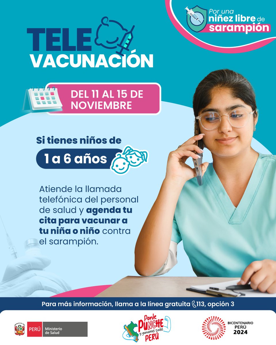 Del 11 al 15 de noviembre ponemos a tu disposición la Televacunación contra el sarampión. #EnModoBarrido ✅ 

Atiende el llamado del personal de salud y programa la vacunación de tu niña o niño de 1 a 6 años. ¡Por una niñez libre de sarampión!