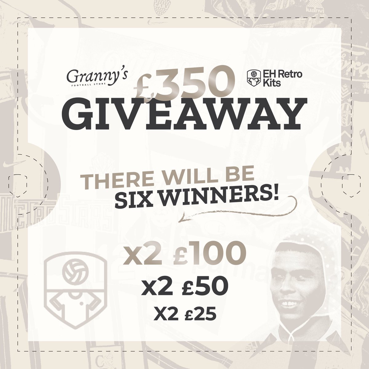 £350! GIVEAWAY🔥‼️

The <a href="/EhRetroKits/">EH Retro Kits</a> x <a href="/grannysfootball/">Granny's Football Store</a> Festive giveaway 🎄 💰 🎟️ 👕 

Both of us will be giving away the following vouchers £100, £50 and £25 for each store meaning there can be 6 (SIX!!) winners. 

Steps:
All you have to do is:
⁃Re-post this post 
⁃Follow both