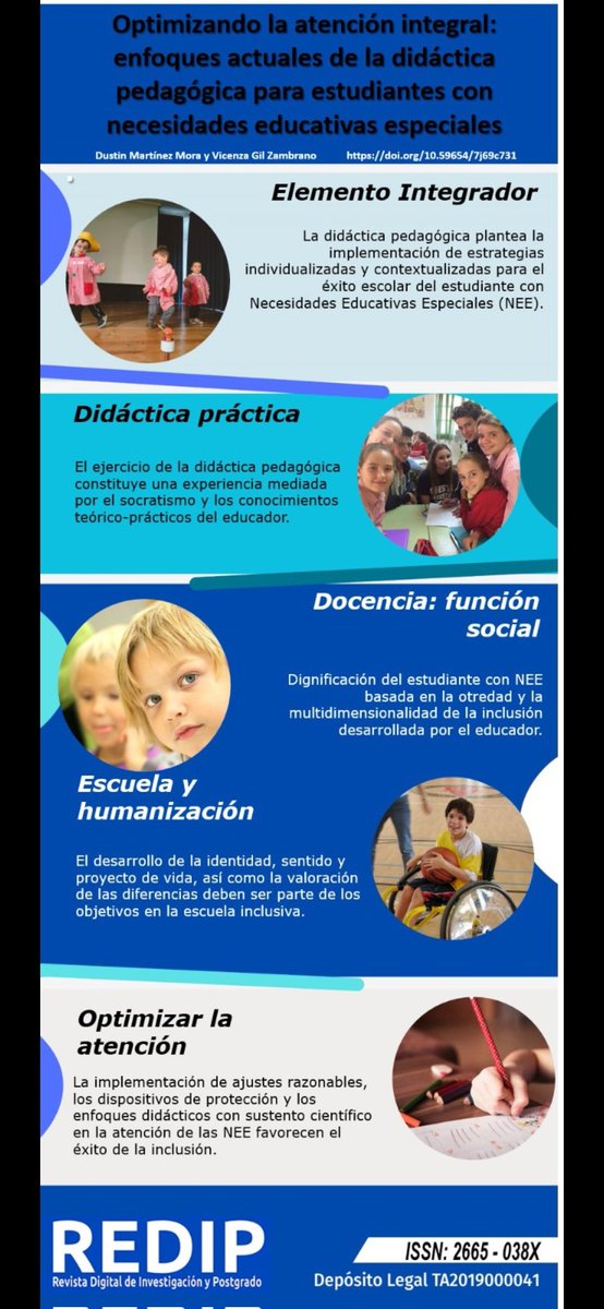 El #artículo “Enfoques actuales de la didáctica pedagógica para estudiantes con necesidades educativas especiales”, de los doctorandos Vicenza Gil y Dustin Martínez, encartado en nuestra #revista #REDIP, postula los elementos integradores que debe implementar el... (1/2)🧵🇻🇪