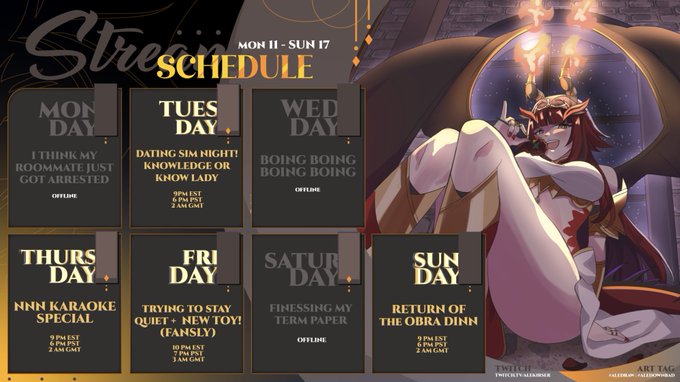 THIS WEEK'S SCHEDULE ✨⚔️ (NOV 11 - 17)
? rairaizone 
#aledraw https://t.co/YgxWpJBKw3
