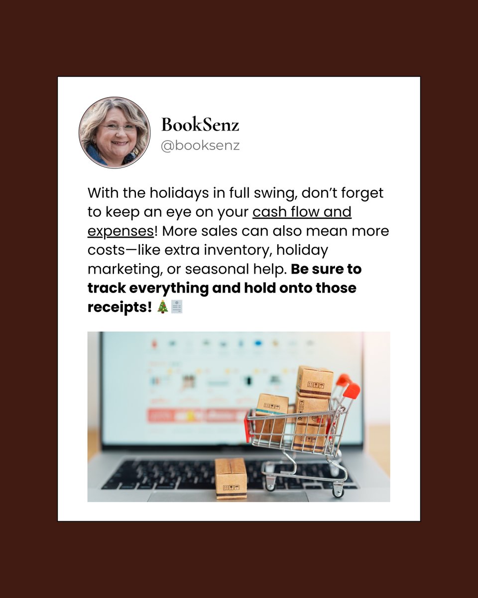 BookSenz's tweet photo. With the holidays in full swing, it’s easy to get wrapped up in the sales rush. 
But while things are busy, don’t forget to keep an eye on your cash flow and expenses! 
Tag a business friend who could use this reminder.

#Holiday #Entrepreneur
#BusinessBookkeeping #Bookkeeping https://t.co/xyxbRDqDPb