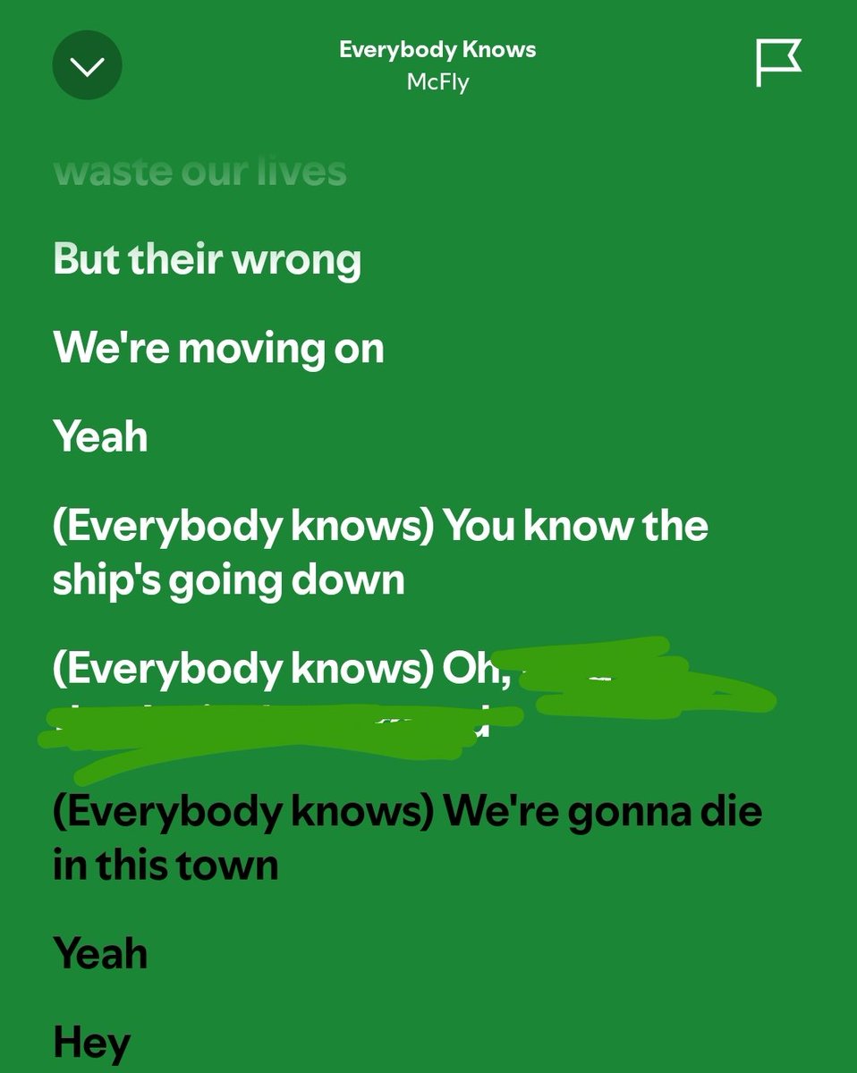 Hola, mi gente de McFLY. Vosotros qué escucháis en la parte que está tachada? En las letras del CD no sale y cada página de letras online dice una cosa y todas me suenan fatal.