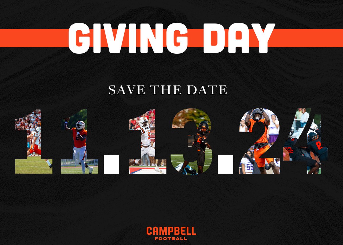 GoCamelsFB's tweet photo. Campbell Giving Day is right around the corner! Mark your 🗓️ for November 13, when your Fighting Camels will have 24 hours to raise vital funds for our Football program. 

Let’s rally TOGETHER on Campbell Giving Day‼️ https://t.co/Pali1FA0XU