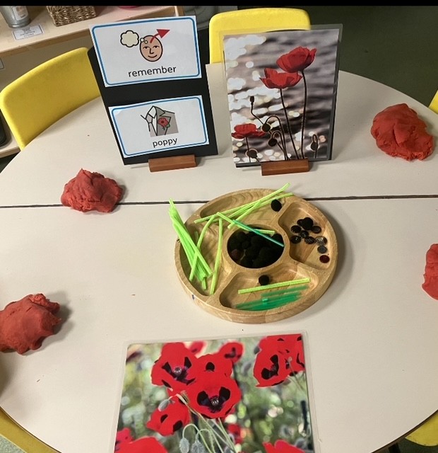 KerrMackiePS's tweet photo. An invitation to create a poppy with the dough. The visuals support the understanding of the vocabulary and give meaning to the activity and play in nursery #eyfs #nursery #lestweforget2024 @EyfsPals #malleable #enhancedprovision https://t.co/ebfBaMs3IK