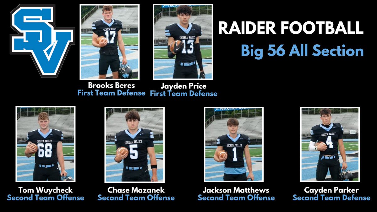 Congratulations to the <a href="/SVRaiderFB/">SenecaValleyFB</a> players who were named to the <a href="/Big56Conference/">Big 56 Conference</a> All-Section teams! #GoRaiders #SVRaiderPride