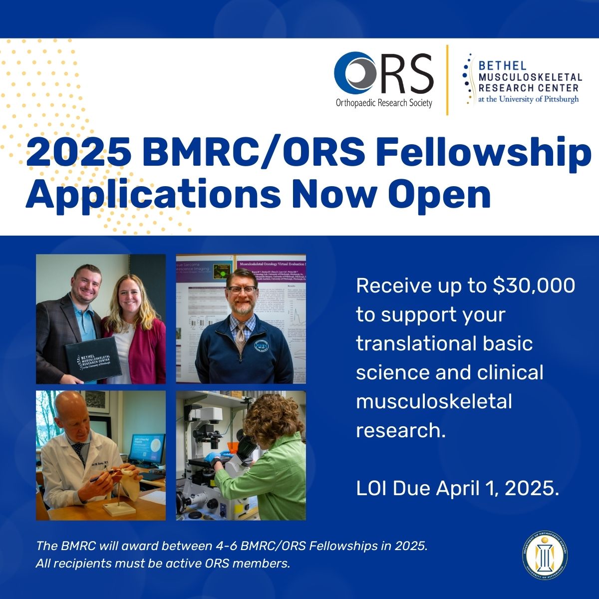 BethelMRC (@bethelmrc) on Twitter photo Get up to $30,000 to support your research in 2025. Apply today to the BMRC/ORS Fellowship! 2 levels of support: $20k for postdoctoral scholars or medical residents and $30k for junior faculty. Click: bethel.pitt.edu/fellowships/ <a href="/ORSsociety/">Orthopaedic Research Society</a> Get up to $30,000 to support your research in 2025. Apply today to the BMRC/ORS Fellowship! 2 levels of support: $20k for postdoctoral scholars or medical residents and $30k for junior faculty. Click: bethel.pitt.edu/fellowships/ <a href="/ORSsociety/">Orthopaedic Research Society</a>