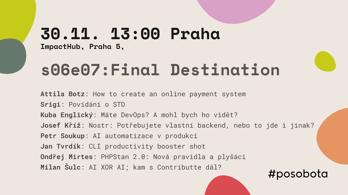 Dveře otevřeme ve 12:30 a pak to bude velká jízda.
Celý program na: posobota.cz/program
Registrace zdarma na: posobota.cz/registrace