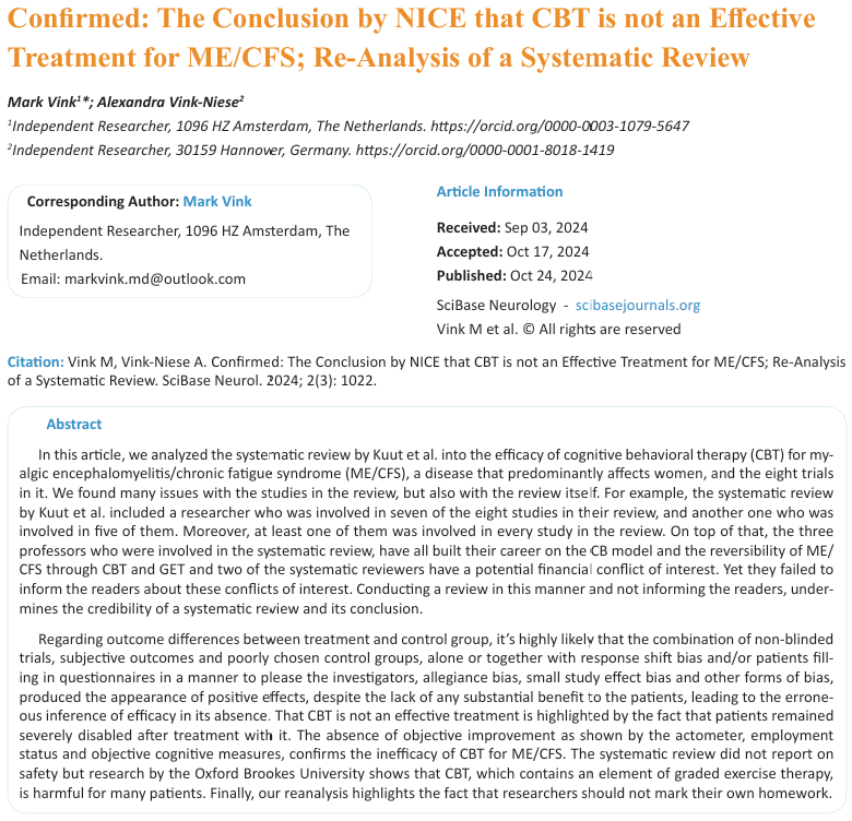 TomKindlon's tweet photo. Congrats to Mark Vink (who is bedbound with ME) for publishing another paper

"Confirmed: The Conclusion by NICE that CBT is not an Effective Treatment for ME/CFS; Re-Analysis of a Systematic Review"

https://t.co/XOe8VdzWHC

A true hero 👍👏

#MEcfs #CFS #PwME https://t.co/snivwGki3F