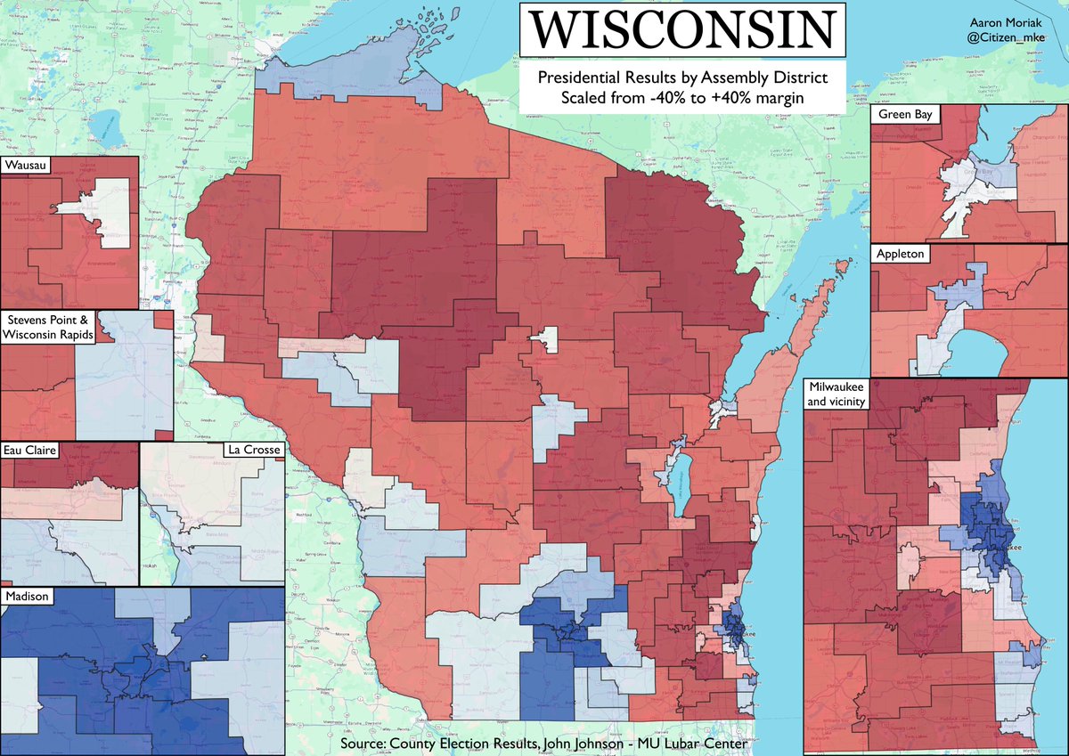 Citizen_MKE's tweet image. Here are the initial presidential results by Assembly district in Wisconsin. Harris received the most votes in 49/99 districts. The tipping point district was the Wausau based 85th, which she lost by 0.6%, nearly the same as her 0.9% loss statewide.