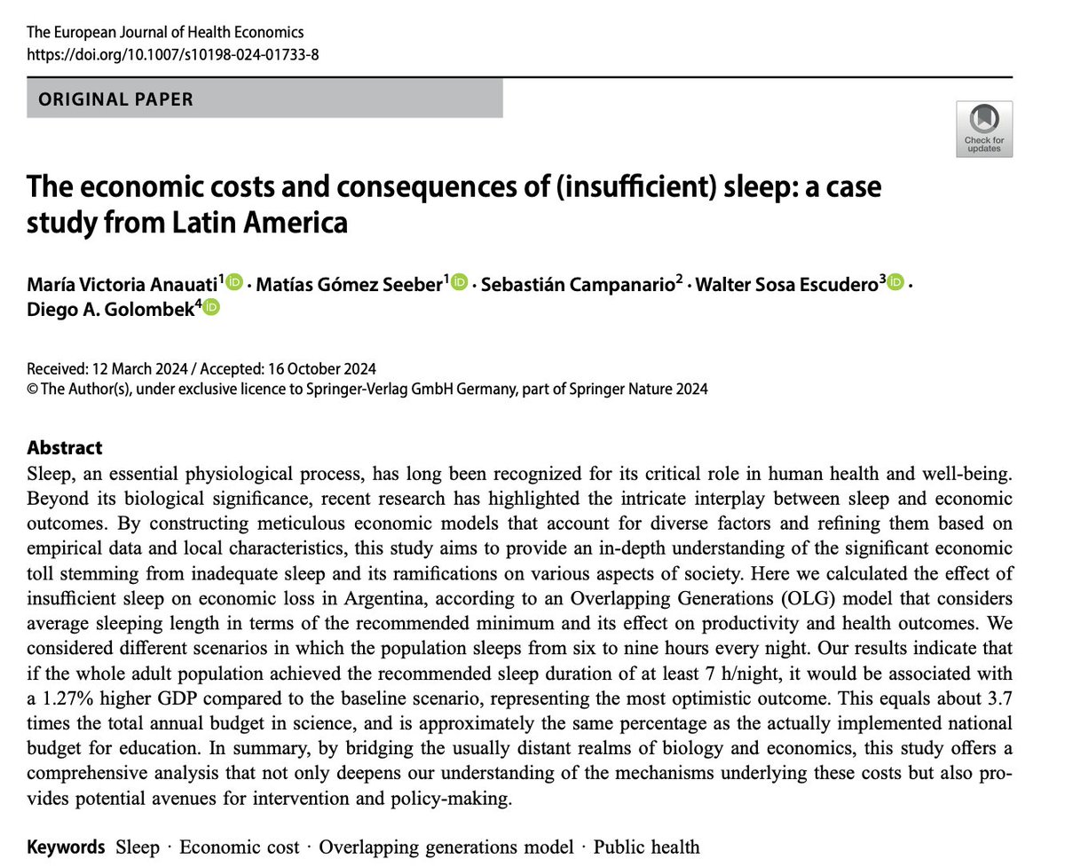 DiegoGolombek's tweet photo. ¡Salió nuevo paper! Acá investigamos el costo económico que tienen los problemas de sueño para el país. 1/ https://t.co/bP31uSumCc