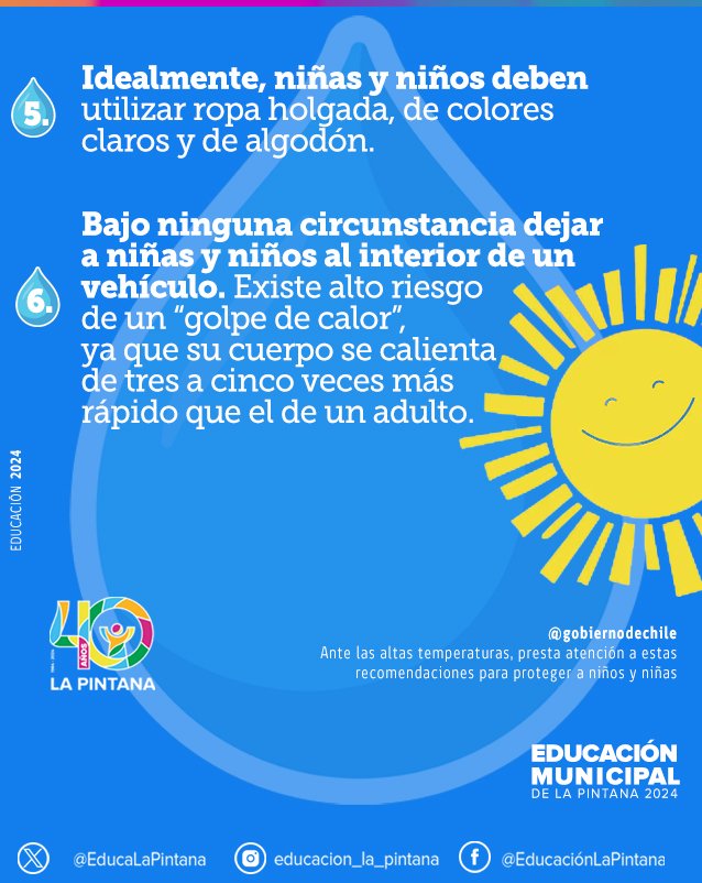 ☀🌡Ante las altas temperaturas, presta atención a estas recomendaciones para proteger a niños y niñas.
<a href="/MuniLaPintana/">Municipalidad de La Pintana</a>
<a href="/SaludPintana/">Salud La Pintana</a>