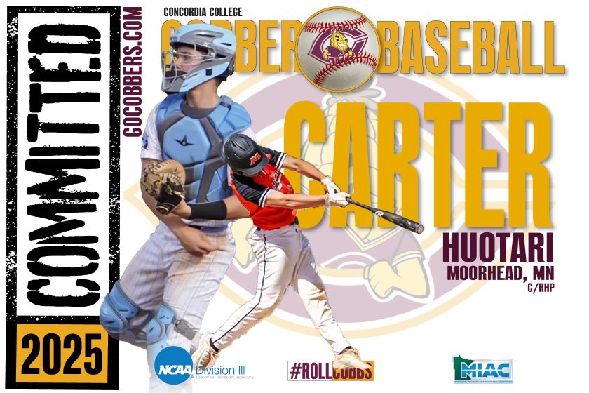 Carter Huotari (@huotaricarter) on Twitter photo Excited to announce my commitment to Concordia College! Thank you to my family, friends, coaches and teammates along the way.
Roll Cobbs🌽
<a href="/SpudBaseball/">Spud Baseball</a> <a href="/MoorheadBlues/">Moorhead Blues</a> Excited to announce my commitment to Concordia College! Thank you to my family, friends, coaches and teammates along the way.
Roll Cobbs🌽
<a href="/SpudBaseball/">Spud Baseball</a> <a href="/MoorheadBlues/">Moorhead Blues</a>
