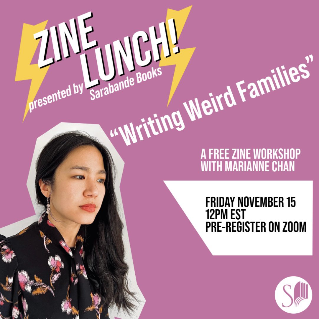 ⚡️ZINE LUNCH!⚡️ presents “Writing Weird Families,” a free, virtual workshop with LEAVING BIDDLE CITY author @marianneLchan this Friday, November 15 at 12 PM EST. 

Learn more and register at the link in our bio!