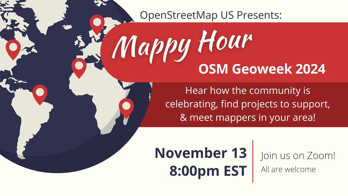 OpenStreetMapUS's tweet image. 🌎 Join us for Mappy Hour on Wednesday, November 13th at 8 pm ET and help celebrate Geoawareness Week with OSM US!  🔗 buff.ly/48p6xwa 

#OSMGeoWeek
#OpenStreetMap 
#MappyHour
#MappyMonday