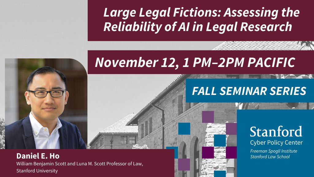 Cyber Policy Center (@stanfordcyber) on Twitter photo Legal practice has seen a rise in products using AI. But large language models used in these tools are prone to “hallucinate,” or make up false information, making their use risky. Tomorrow, 1PM <a href="/StanfordLaw/">Stanford Law School</a> prof Daniel E. Ho joins <a href="/persily/">Nate Persily</a> to discuss.
cyber.fsi.stanford.edu/events/novembe… Legal practice has seen a rise in products using AI. But large language models used in these tools are prone to “hallucinate,” or make up false information, making their use risky. Tomorrow, 1PM <a href="/StanfordLaw/">Stanford Law School</a> prof Daniel E. Ho joins <a href="/persily/">Nate Persily</a> to discuss.
cyber.fsi.stanford.edu/events/novembe…