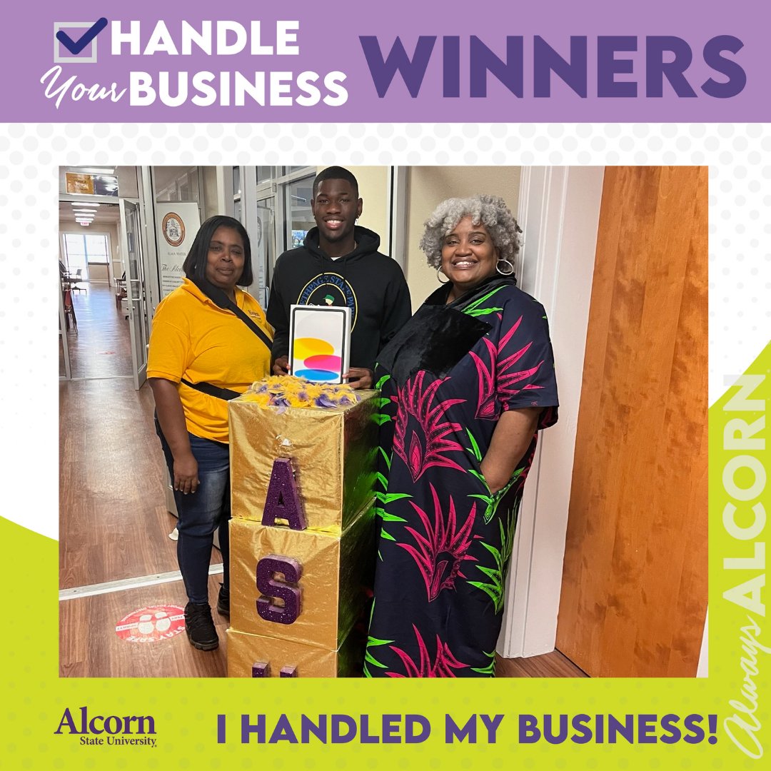 AlcornStateU's tweet photo. Congratulations to Evan Murphy, our first #HandleYourBusiness raffle winner! Evan won an iPad. We have many more prizes available, including Apple iPads, Amazon gift cards, and tons of Alcorn Swag. Complete your registration today! #AlwaysAlcorn https://t.co/M6GgKu6vRO