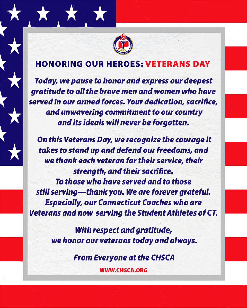 CHSCA (@cthsca) on Twitter photo Today, we pause to honor and express our deepest gratitude to all the brave men and women who have served in our armed forces. Your dedication, sacrifice, and unwavering commitment to our country and its ideals will never be forgotten. #VeteransDay2024 Today, we pause to honor and express our deepest gratitude to all the brave men and women who have served in our armed forces. Your dedication, sacrifice, and unwavering commitment to our country and its ideals will never be forgotten. #VeteransDay2024