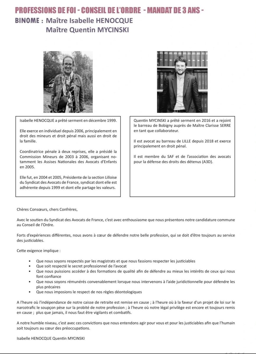 📢 Avis aux avocat.e.s lillois.e.s ! 

🗳️ Les 19 et 21 novembre ont lieu les élections ordinales au <a href="/Barreaulille/">Barreau de Lille</a> 

Le vote se fait à distance, par voie électronique 📱💻

Pour cette occasion, nous soutenons Isabelle HENOCQUE et Quentin MYCINSKI, un binôme 100% SAF ! 👇