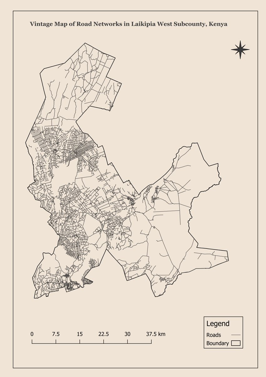 C4708911Charles's tweet image. Day 7 of #30DayMapChallenge: Created a vintage-style map of the road network in Laikipia West Subcounty, Kenya! 🛣️ With muted colors and classic cartographic elements, this map blends modern data with a historical aesthetic. #GIS #Mapping #VintageMaps