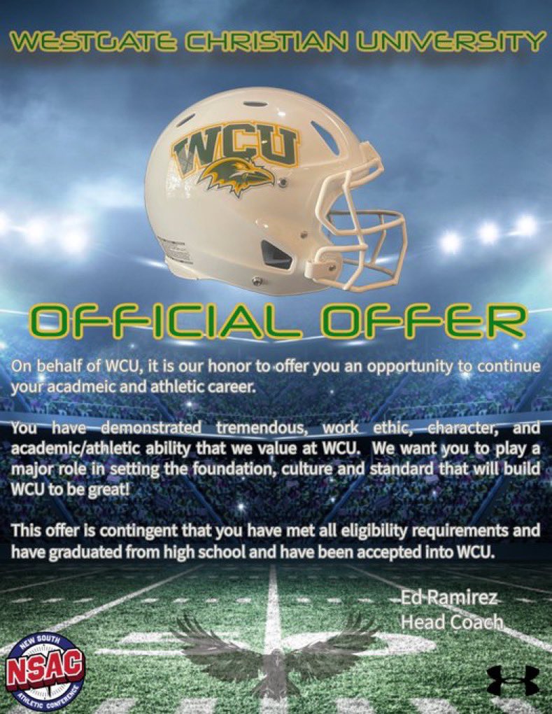#AGTG 🙏🏻🙏🏻After a great conversation with <a href="/Ramirezedward58/">Edward Ramirez</a>, I am extremely blessed and grateful to announce that I’ve received my first official offer from Westgate Christian University!!
<a href="/CyWoodsFB212/">Cy Woods Football</a> <a href="/JMStrength/">Coach john Mitchell</a> <a href="/CoachWiesmann/">Coach Wiesmann</a> <a href="/CoachWoljevach/">Coach Woljevach</a> <a href="/davidbrown2nd/">Coach David Brown II</a> <a href="/coachjimvert/">Jim Vert</a>