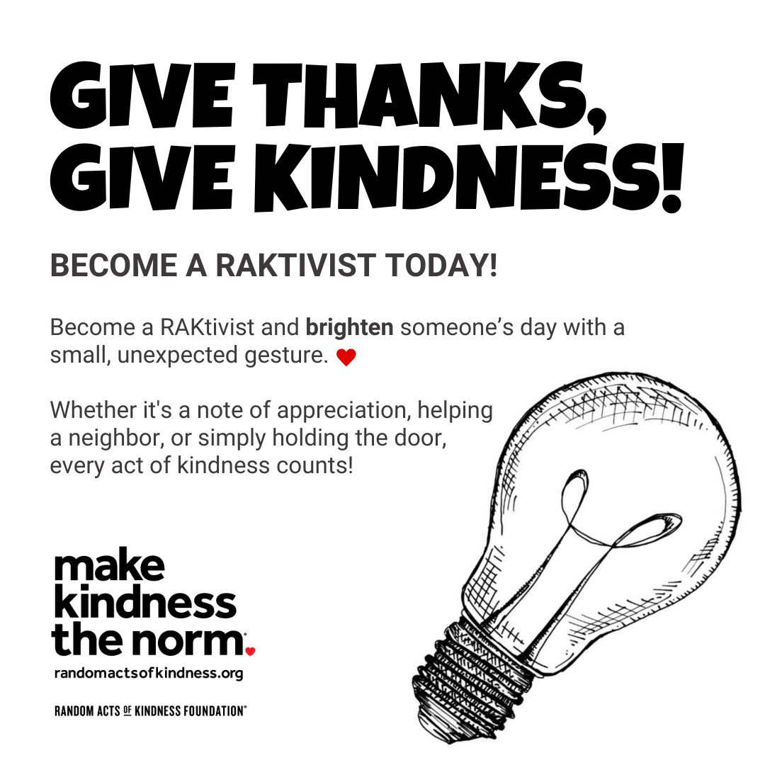 💙 Give Thanks, Give Kindness! 💙

Let's give back to our communities by spreading kindness. ✨ Become a RAKtivist today and brighten someone’s day with a small, unexpected gesture. 🌟

Are you ready to join the movement? 
buff.ly/2ZDkkh1 

#MakeKindnesstheNorm #RAKtivist